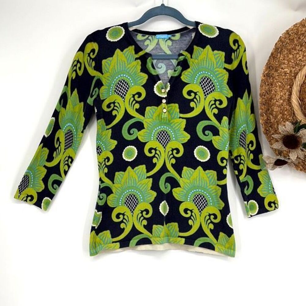 J.McLaughlin‎ Cotton Blend Split Neck 3/4 Sleeve Printed Sweater  Navy Green XS